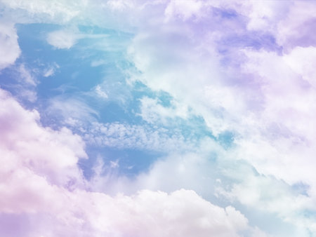 beauty sweet pastel violet and green colorful with fluffy clouds on sky. multi color rainbow image. abstract fantasy growing lightの写真素材