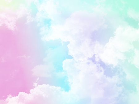 beauty sweet pastel pink and green colorful with fluffy clouds on sky. multi color rainbow image. abstract fantasy growing lightの写真素材