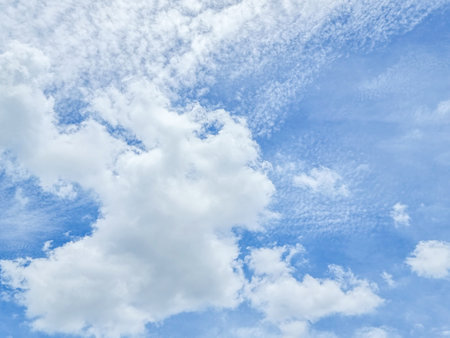 blue sky high shape outdoor group of white clouds background in summer gradient light beauty background. abstract beautiful bright cloud and calm fresh wind airの写真素材