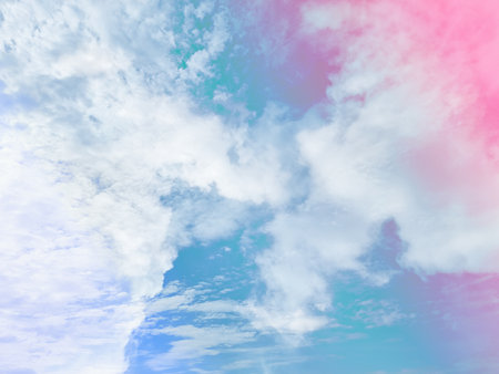 beauty sweet pastel pink and green colorful with fluffy clouds on sky. multi color rainbow image. abstract fantasy growing lightの写真素材