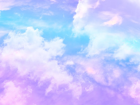 beauty sweet pastel blue and purple colorful with fluffy clouds on sky. multi color rainbow image. abstract fantasy growing lightの写真素材