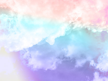 beauty sweet pastel red and green  colorful with fluffy clouds on sky. multi color rainbow image. abstract fantasy growing lightの写真素材