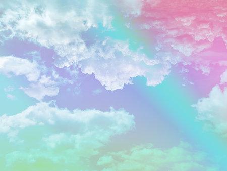 beauty sweet pastel pink and green colorful with fluffy clouds on sky. multi color rainbow image. abstract fantasy growing lightの写真素材