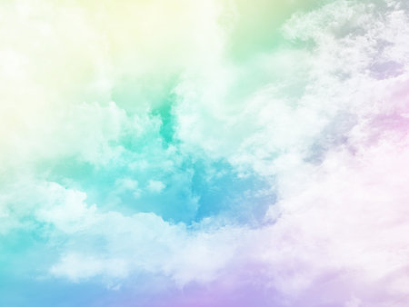 beauty sweet pastel green and violet colorful with fluffy clouds on sky. multi color rainbow image. abstract fantasy growing lightの写真素材