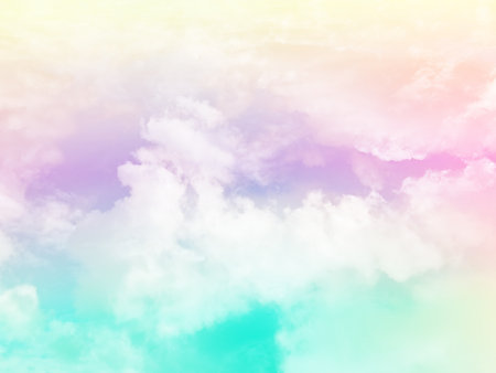 beauty sweet pastel green and yellow colorful with fluffy clouds on sky. multi color rainbow image. abstract fantasy growing lightの写真素材