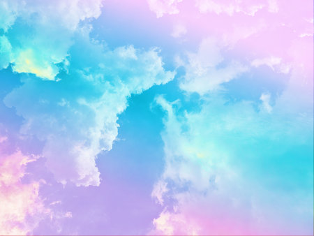 beauty sweet pastel blue and purple colorful with fluffy clouds on sky. multi color rainbow image. abstract fantasy growing lightの写真素材