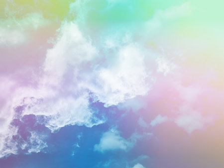 beauty sweet pastel green and pink colorful with fluffy clouds on sky. multi color rainbow image. abstract fantasy growing lightの写真素材
