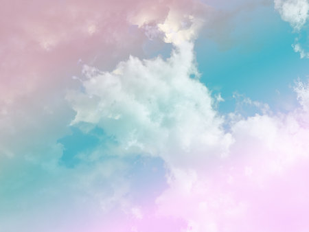 beauty sweet pastel green and violet colorful with fluffy clouds on sky. multi color rainbow image. abstract fantasy growing lightの写真素材