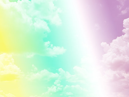 beauty sweet pastel yellow and violet colorful with fluffy clouds on sky. multi color rainbow image. abstract fantasy growing lightの写真素材