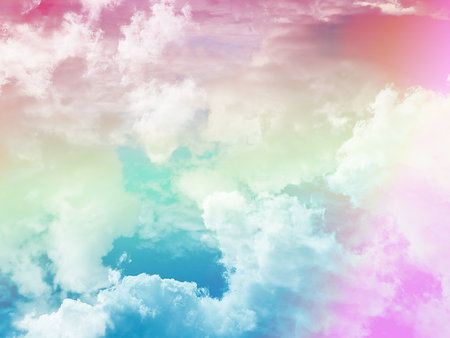 beauty sweet pastel green and red colorful with fluffy clouds on sky. multi color rainbow image. abstract fantasy growing lightの写真素材