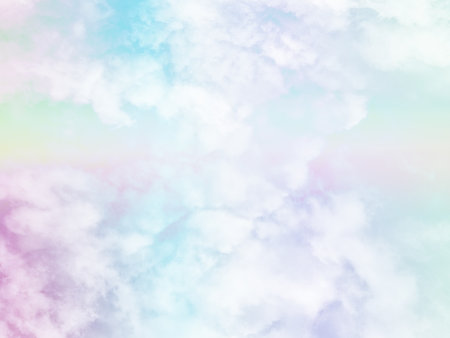 beauty sweet pastel green and pink colorful with fluffy clouds on sky. multi color rainbow image. abstract fantasy growing lightの写真素材