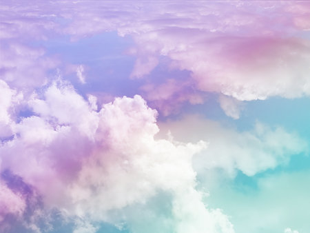 beauty sweet pastel purple and green colorful with fluffy clouds on sky. multi color rainbow image. abstract fantasy growing lightの写真素材