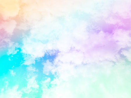 beauty sweet pastel blue and orange colorful with fluffy clouds on sky. multi color rainbow image. abstract fantasy growing lightの写真素材