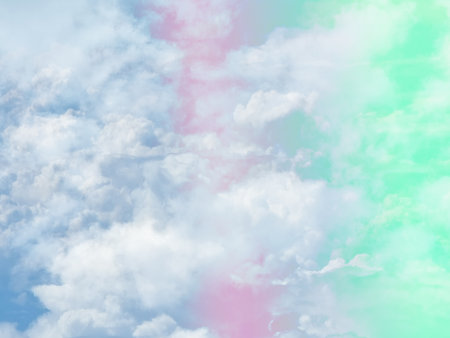 beauty sweet pastel green and blue colorful with fluffy clouds on sky. multi color rainbow image. abstract fantasy growing lightの写真素材