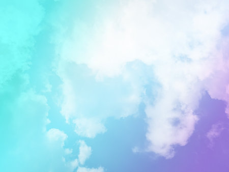 beauty sweet pastel purple and green colorful with fluffy clouds on sky. multi color rainbow image. abstract fantasy growing lightの写真素材