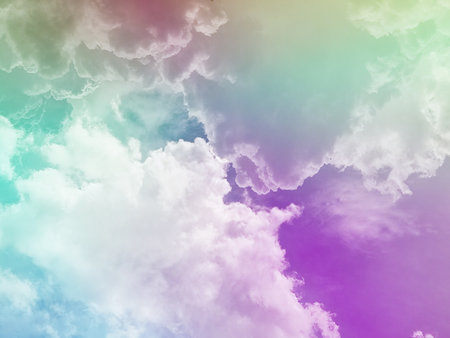 beauty sweet pastel violet and green colorful with fluffy clouds on sky. multi color rainbow image. abstract fantasy growing lightの写真素材