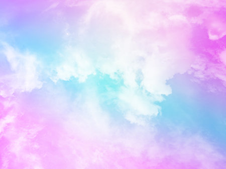 beauty sweet pastel pink and blue colorful with fluffy clouds on sky. multi color rainbow image. abstract fantasy growing lightの写真素材