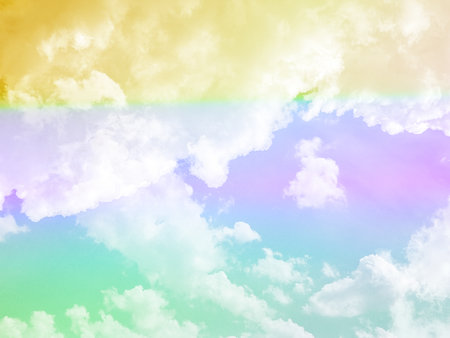 beauty sweet pastel yellow and green colorful with fluffy clouds on sky. multi color rainbow image. abstract fantasy growing lightの写真素材
