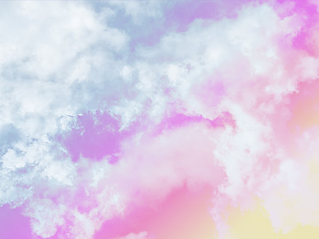 beauty sweet pastel pink and yellow colorful with fluffy clouds on sky. multi color rainbow image. abstract fantasy growing lightの写真素材