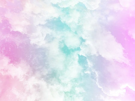 beauty sweet pastel pink and green colorful with fluffy clouds on sky. multi color rainbow image. abstract fantasy growing lightの写真素材