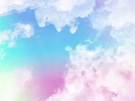 beauty sweet pastel pink and green colorful with fluffy clouds on sky. multi color rainbow image. abstract fantasy growing lightの写真素材