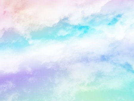 Soft beauty green and orange color light. Big fluffy cloud on sky background .の写真素材