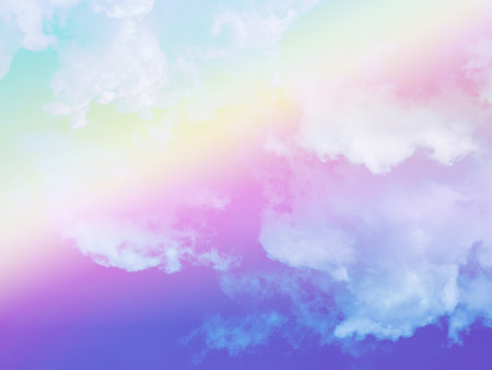 beauty sweet pastel blue  and yellow colorful with fluffy clouds on sky. multi color rainbow image. abstract fantasy growing lightの写真素材