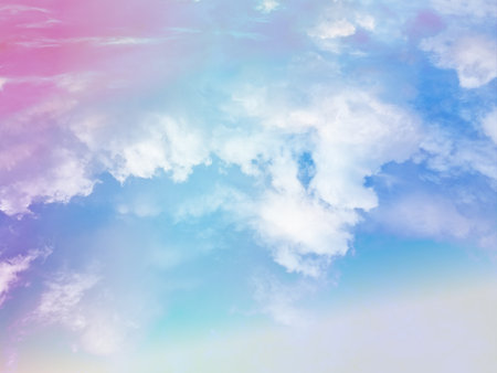 beauty sweet pastel blue and purple colorful with fluffy clouds on sky. multi color rainbow image. abstract fantasy growing lightの写真素材