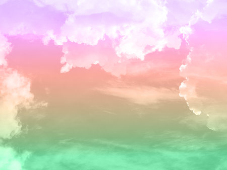 beauty sweet pastel green and pink colorful with fluffy clouds on sky. multi color rainbow image. abstract fantasy growing lightの写真素材