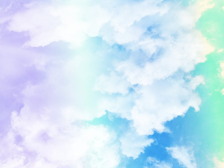 beauty sweet pastel purple and green colorful with fluffy clouds on sky. multi color rainbow image. abstract fantasy growing lightの写真素材