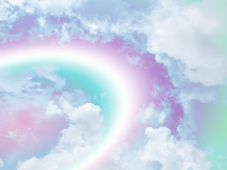 beauty sweet pastel green and yellow colorful with fluffy clouds on sky. multi color rainbow image. abstract fantasy growing lightの写真素材