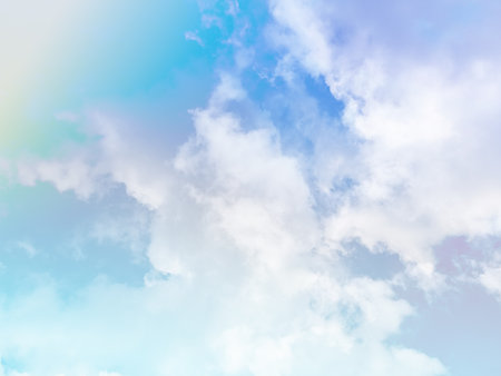 beauty sweet pastel blue and yellow colorful with fluffy clouds on sky. multi color rainbow image. abstract fantasy growing lightの写真素材