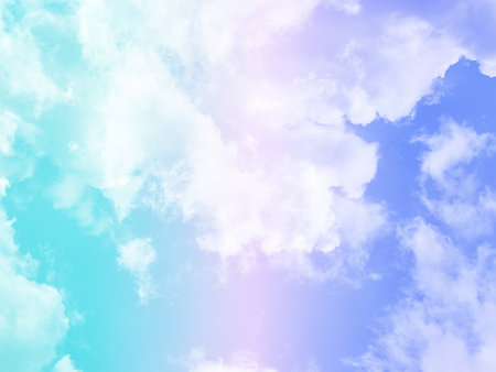 beauty sweet pastel pink and green colorful with fluffy clouds on sky. multi color rainbow image. abstract fantasy growing lightの写真素材