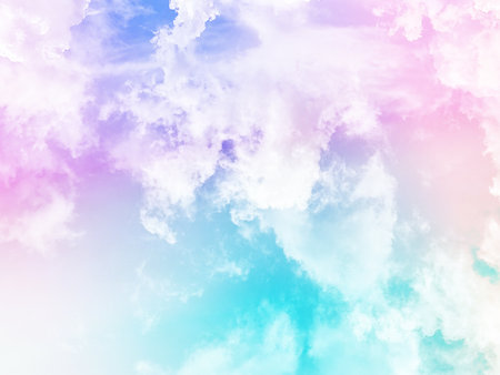 beauty sweet pastel violet and orange colorful with fluffy clouds on sky. multi color rainbow image. abstract fantasy growing lightの写真素材