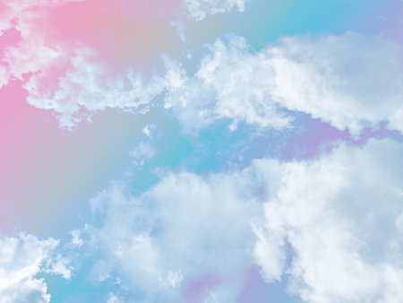 beauty sweet pastel blue and pink colorful with fluffy clouds on sky. multi color rainbow image. abstract fantasy growing lightの写真素材