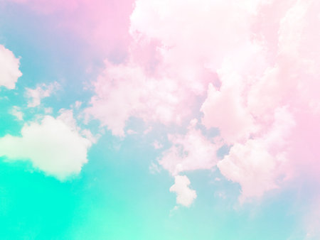 beauty sweet pastel green and pink colorful with fluffy clouds on sky. multi color rainbow image. abstract fantasy growing lightの写真素材