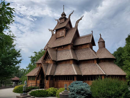 The Gol Stave Church in Minot, ND, a reconstructed version of the church from Gol, Norway.の写真素材
