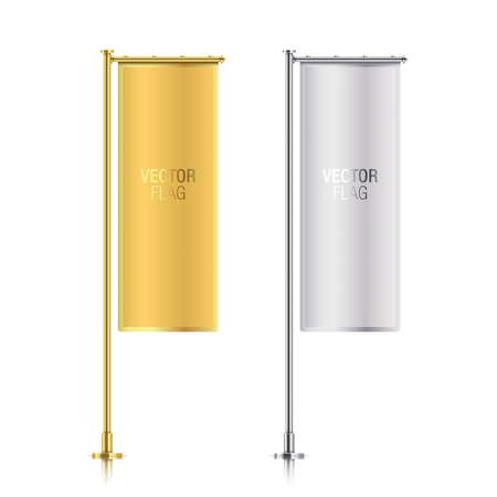 Set of golden and silver vector banner flag templates, hanging on poles. Golden and silver elegant vertical flag mockups, isolated on a white background.のイラスト素材