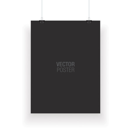 Black vertical poster template hanging on clips, isolated on background. Poster realistic mokcup.の写真素材