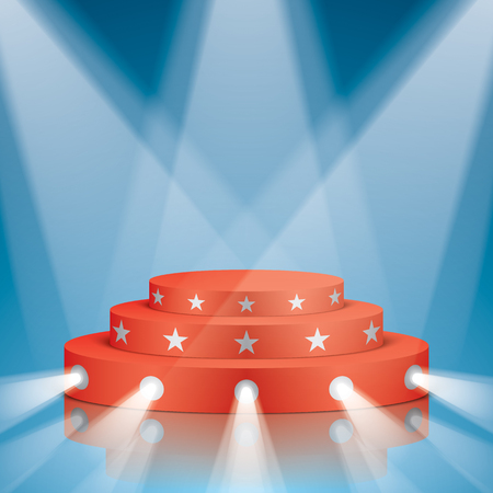 Red vector stage with stairs, stars and projector lighting. Show scene with lighting and reflections.のイラスト素材