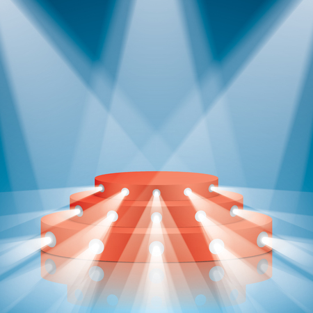 Red vector stage with stairs and projector lighting. Show scene with lighting and reflections.のイラスト素材