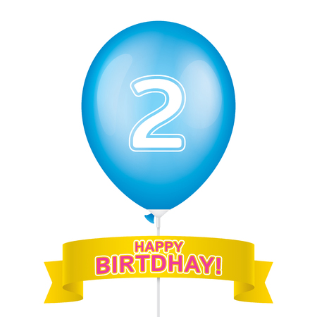 Second birthday greeting card vector design. Blue ballon with yellow ribbon isolated on a white background.のイラスト素材