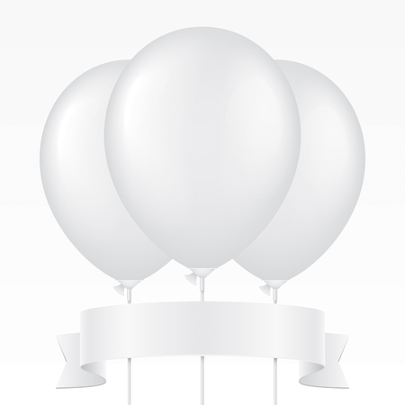 Bunch of white vector balloons on a plastic stick and waving ribbon, isolated on background. Realistic balloon illustration for party, celebration, festival, birthday or branding design decoration.のイラスト素材