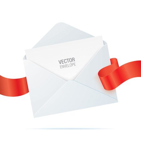 White envelope with red ribbon and blank paper inside, isolated on a white backgorund. Vector envelope realistic mockup.のイラスト素材