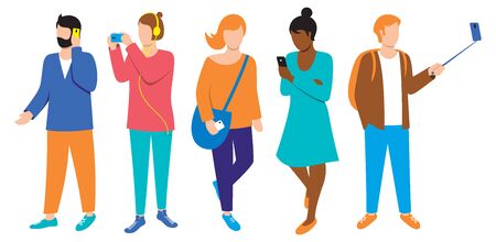 Vector illustration of people using mobile phones. Men and women dressed in a colorful outfit, holding cellphones. Modern technology lifestyle illustration.のイラスト素材