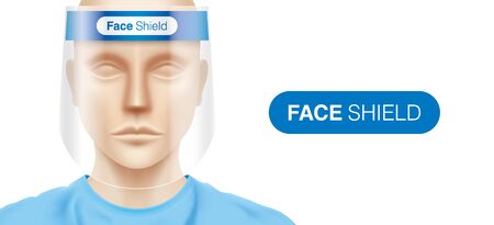 Caucasian woman with a plastic face shield, standing on a white background. Closeup shot of a female person, with a virus protection mask on his face. Corona virus protection, vector illustration.のイラスト素材