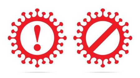Set of virus shaped prohibition and warning symbols, isolated on a white background. Infection alert minimalist marks. Stop virus red vector icons.のイラスト素材
