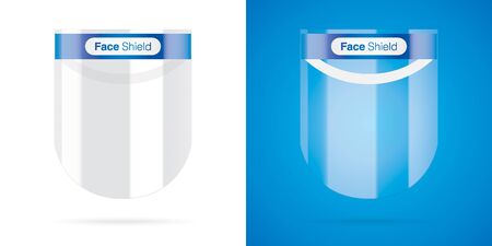 Set of face shields on white and colored backgrounds. Plastic face cover for corona virus disease protection. Medical safety equipment, vector illustration.のイラスト素材