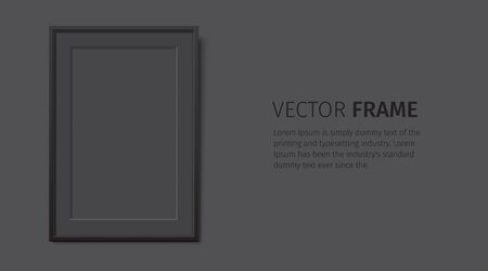 Black wooden frame with Passepartout, hanging on the black wall background. Realistic blank frame mockup, for text or image placement. Empty elegant frame vector template with copy space.のイラスト素材