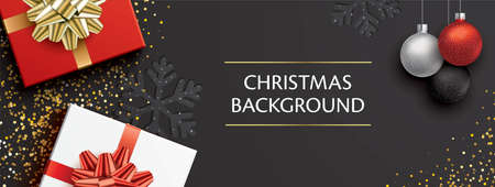 Christmas greeting card vector design. Red and white gift boxes with ribbons, Christmas tree balls, snowflakes, and golden dust on a black background. Premium style horizontal vector banner for Xmas.のイラスト素材